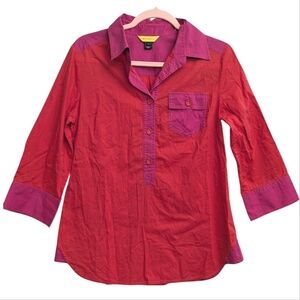 St. John Cotton Blouse Red Pink Colorblock Front Pocket Button Cuffs Size 8